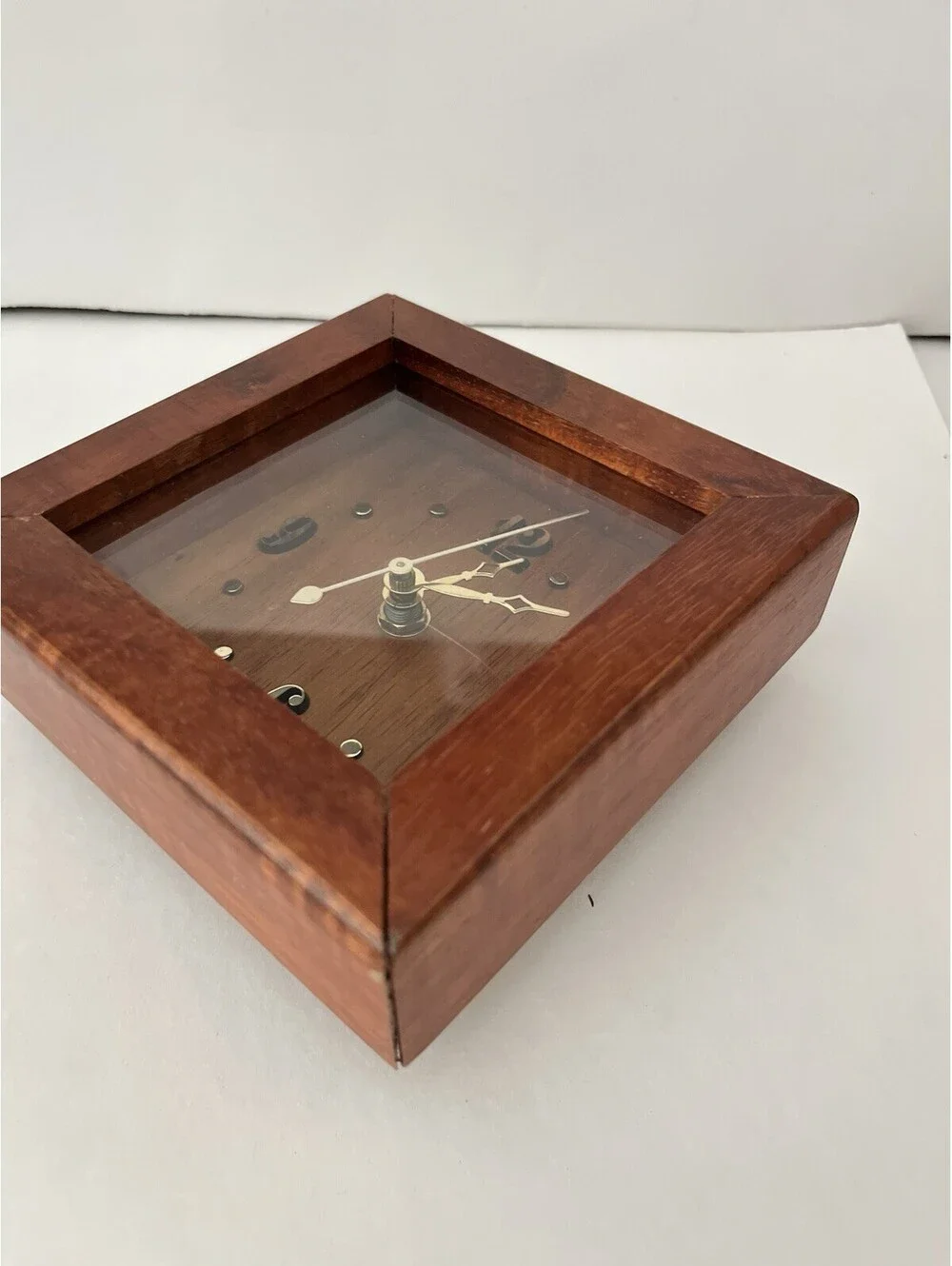 Vintage Mid-Century Teak Wood Desk Clock Minimalist Style Desk Top 5”
